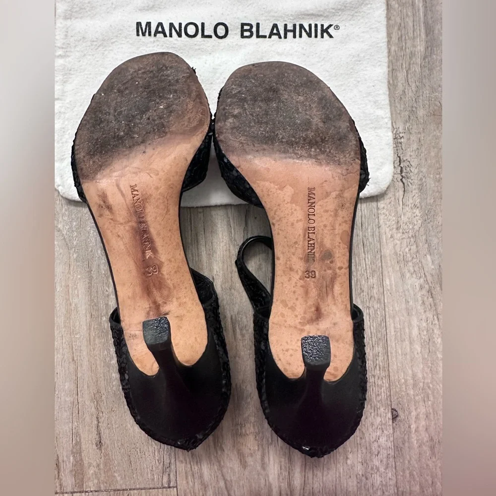 Manolo Blahnik Caldo Sequined Black Ankle Strap Peep Toe Stiletto Heels